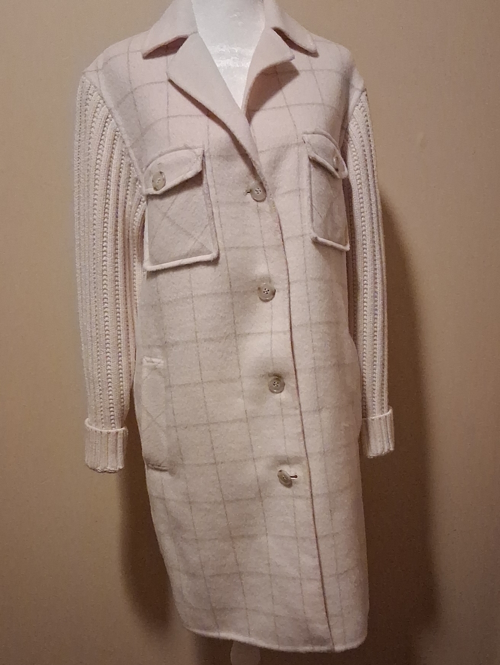 Splendid Cream Windowpane Trench Coat with Knit Sleeves